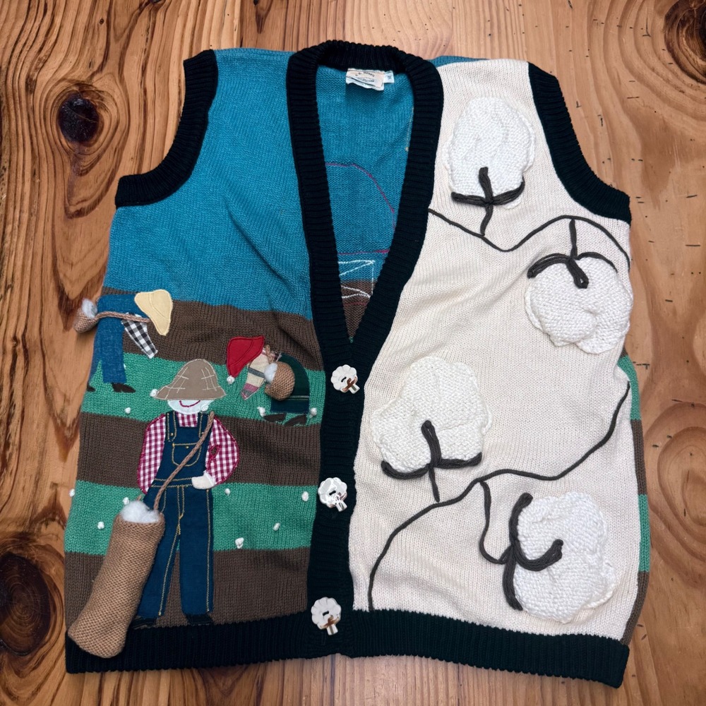 VTG SG Morris Designs Farm Scene Cotton Knit Sweater Vest 3D Applique M Novelty